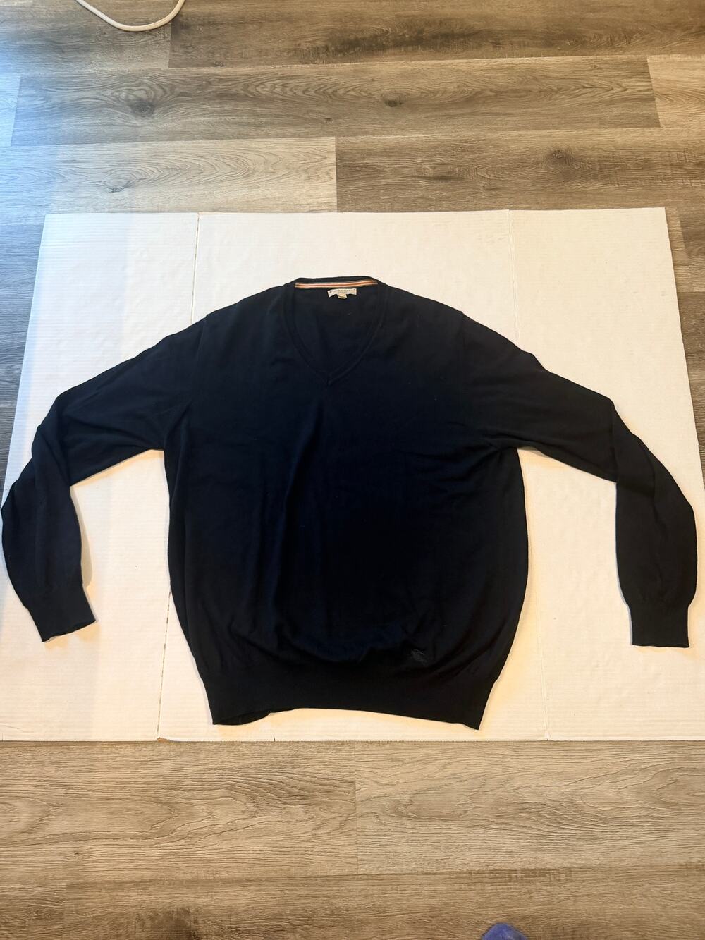 Burberry London Mens XL Navy Merino Wool V Neck Sweater Equestrian Logo